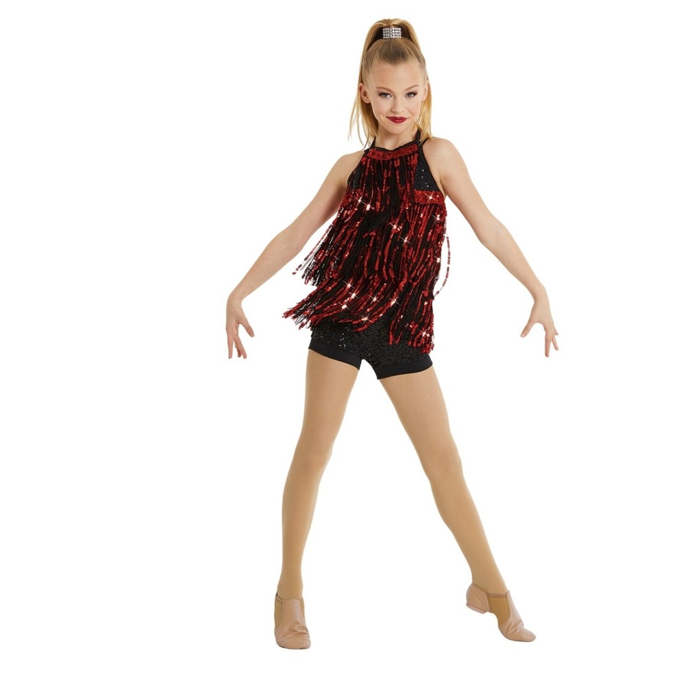 Weissman Kids Dance Costume Sequin Fringe‎ Leotard Black Red Sparkle Performance